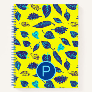 Bright Yellow Tropical Leaf Pattern Monogram Notebook