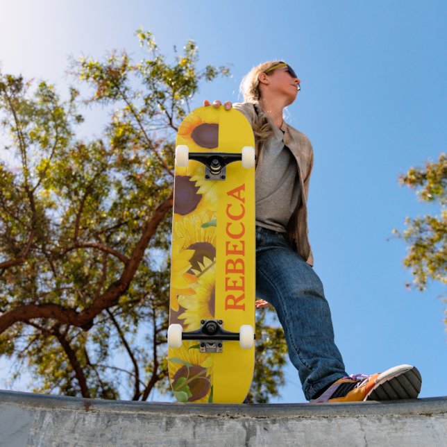 Bright Yellow Watercolor Sunflower Skateboard (Outdoor 1)