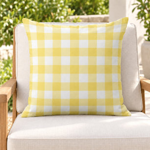 Bright Yellow White Gingham Plaid Check Outdoor Pillow
