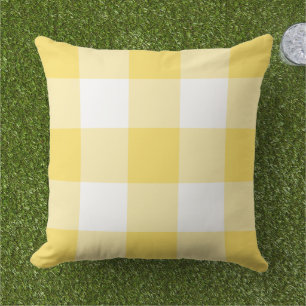 Bright Yellow White Large Gingham Check Outdoor Pillow