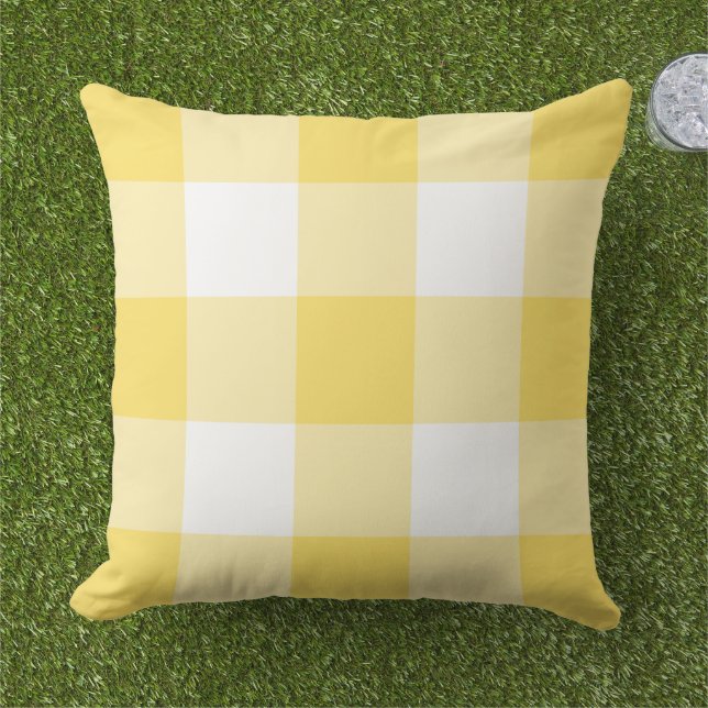 Bright Yellow White Large Gingham Check Outdoor Pillow (Grass)