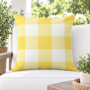 Bright Yellow White Large Gingham Check Outdoor Pillow