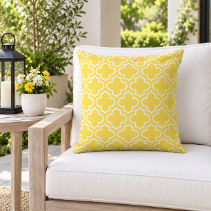 Bright Yellow White Quatrefoil Trellis Outdoor Pillow
