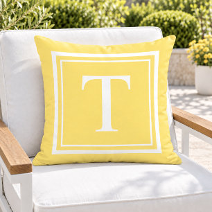 Bright Yellow White Square Frame Monogram Outdoor Pillow