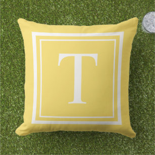Bright Yellow White Square Frame Monogram Outdoor Pillow