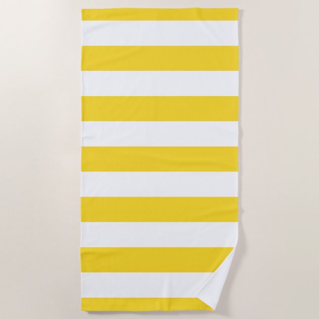 Bright Yellow White Striped Pattern Beach Towel (Front)