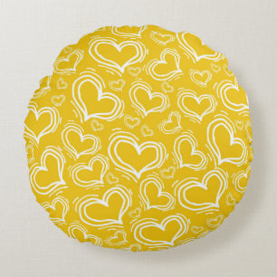 BRIGHT YELLOW WITH WHITE HEARTS AND FLOWERS ROUND PILLOW