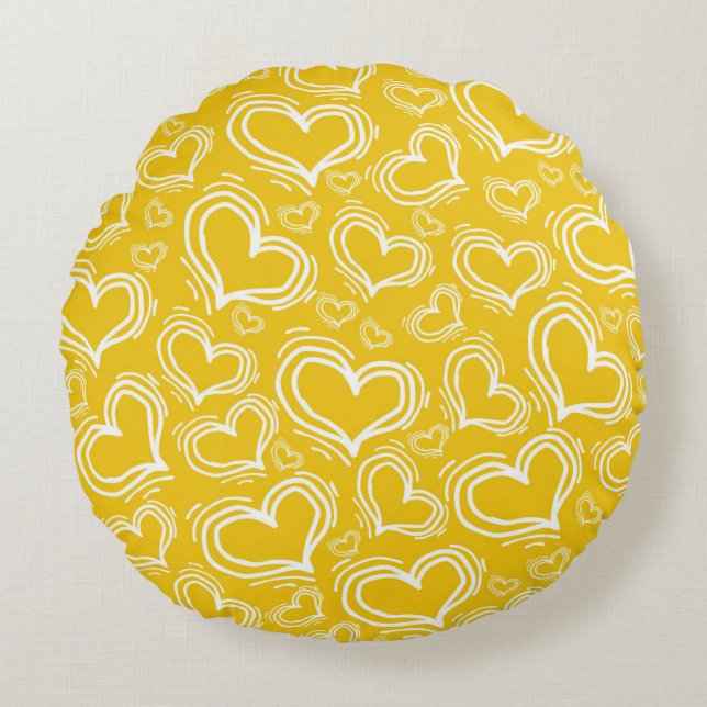 BRIGHT YELLOW WITH WHITE HEARTS AND FLOWERS ROUND PILLOW (Front)