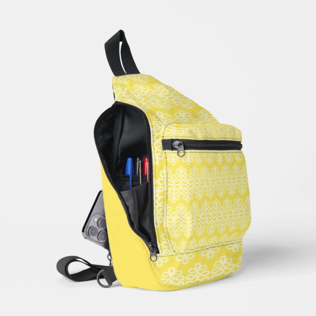 BRIGHT YELLOW WITH WHITE LACE LOOK ROWS SLING BAG (Open)
