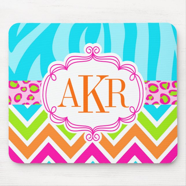 Bright Zebra Leopard and Chevron Personalized Mouse Pad (Front)