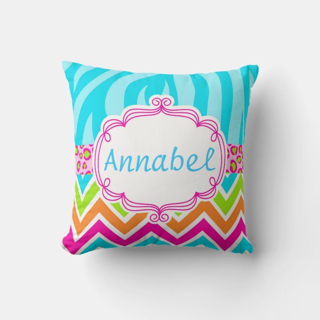 Bright Zebra Leopard and Chevron Personalized Throw Pillow (Front)
