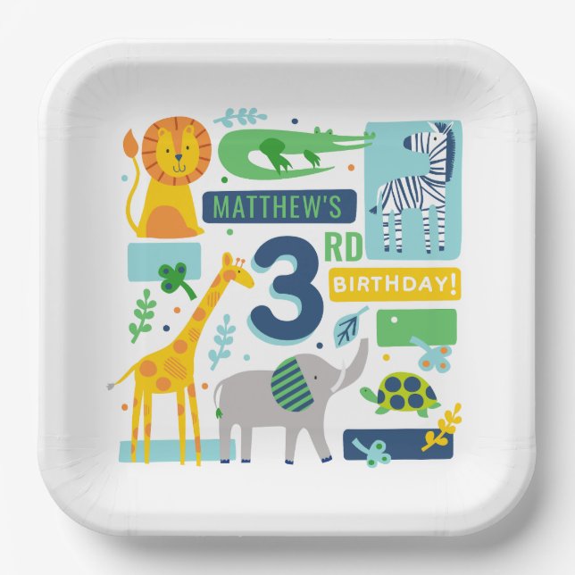Bright Zoo Jungle Animals Birthday PARTY PLATE 9" (Front)