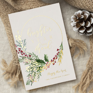 Brighter Year Ahead Watercolor Wreath New Year Foil Holiday Card