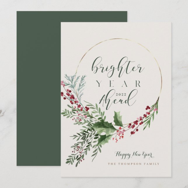 Brighter Year Ahead Watercolor Wreath New Year Holiday Card (Front/Back)