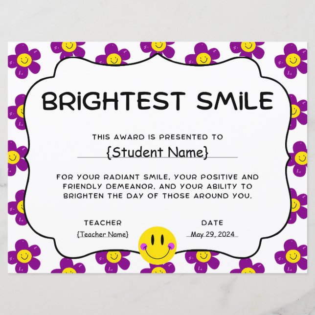 Brightest Smile Student Recognition Award (Front)
