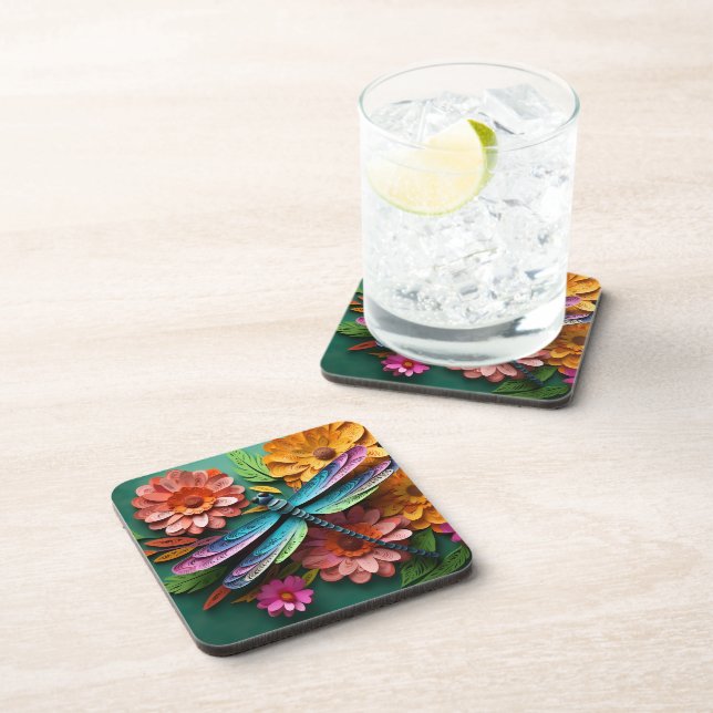 BRIGHTLY COLORED DRAGONFLY WITH FLOWERS COASTER (Right Side)