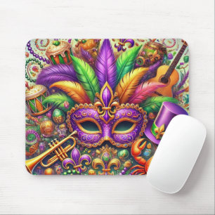BRIGHTLY COLORED MARDI GRAS THEMED MASK & FEATHERS MOUSE PAD
