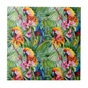 Brightly Colored Parrots and Tropical Flowers Tile