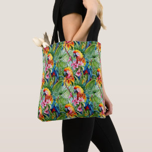 Brightly Colored Parrots and Tropical Flowers Tote Bag