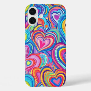 BRIGHTLY COLORED RAINBOW VALENTINE HEARTS iPhone 16 PLUS CASE