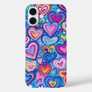 BRIGHTLY COLORED RAINBOW VALENTINE HEARTS iPhone 16 PLUS CASE