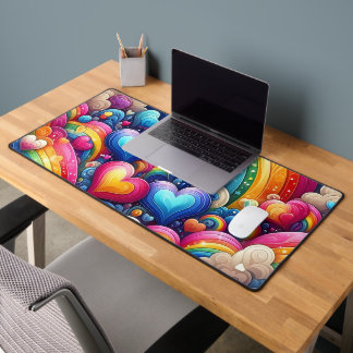 BRIGHTLY COLORED RAINBOWS AND LOVE HEARTS DESK MAT