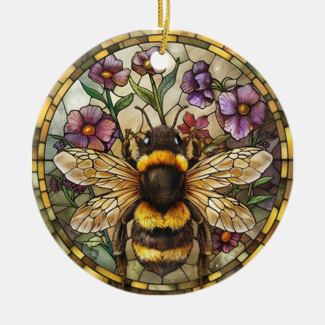 BRIGHTLY COLORED STAINED GLASS HONEY BEE CERAMIC ORNAMENT (Front)