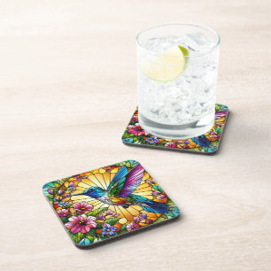 BRIGHTLY COLORED STAINED GLASS HUMMINGBIRDS COASTER