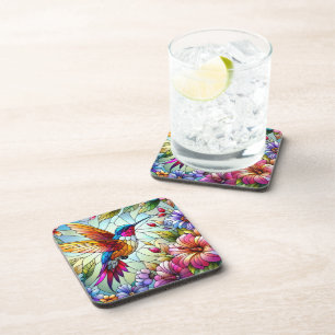 BRIGHTLY COLORED STAINED GLASS HUMMINGBIRDS COASTER
