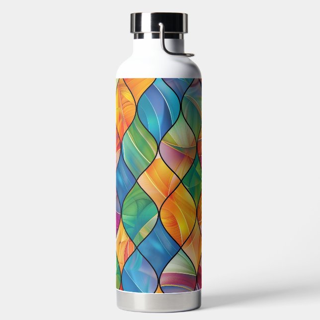 BRIGHTLY COLORED STAINED GLASS PATTERNS WATER BOTTLE (Left)