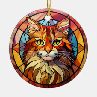 BRIGHTLY COLORED STAINED GLASS TABBY CAT FACE CERAMIC ORNAMENT