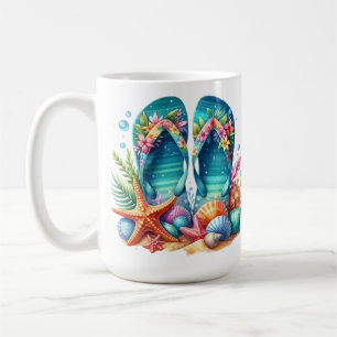 BRIGHTLY COLORED SUMMER FLIP FLOPS WITH SEASHELLS COFFEE MUG