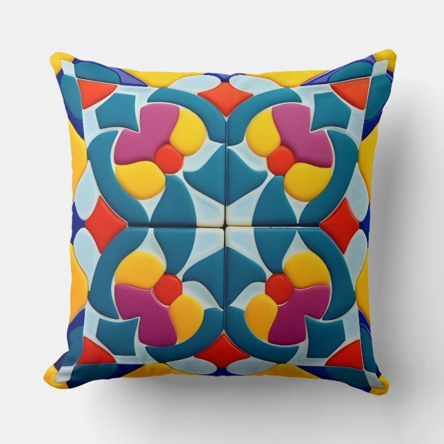 Brightly Coloured Abstract Geometric Tile Design Throw Pillow (Front)