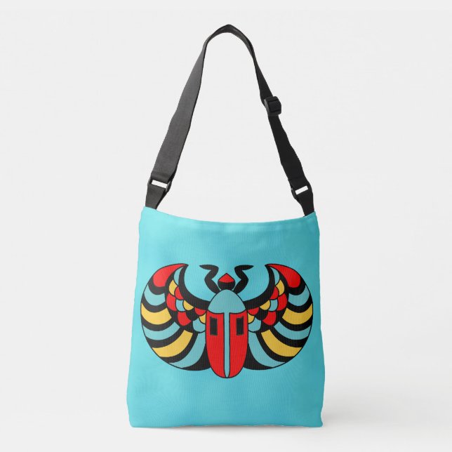 Brightly Coloured Abstract Scarab Beetle on Blue Crossbody Bag (Front)