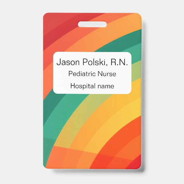 Brightly coloured arcs background badge (Front)