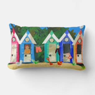 Brightly Coloured Beach Huts, Seagulls and Sand Lumbar Pillow