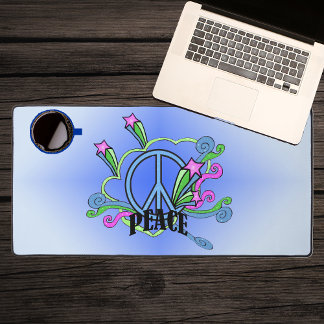 Brightly Coloured Blue Peace Sign Scrolls Pink Sta Desk Mat