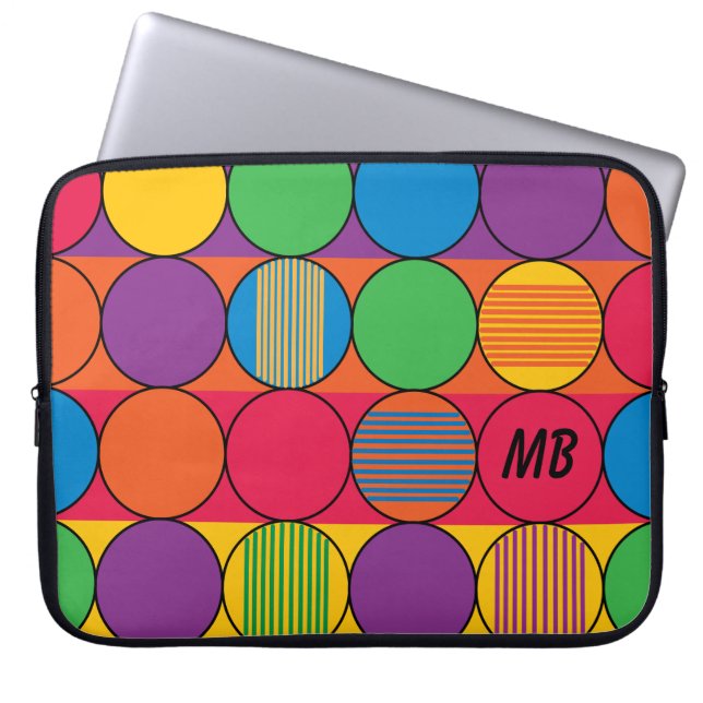 Brightly Coloured Circles and Stripes and Initials Laptop Sleeve (Front)