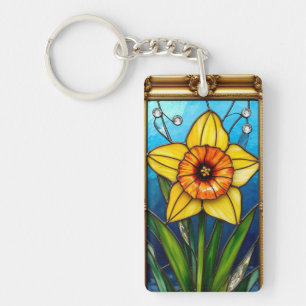 Brightly Coloured Daffodil in Golden Frame Keychain