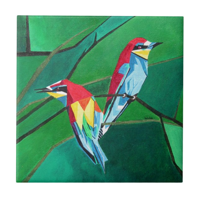 Brightly Coloured European Bee Eaters Geometric Ar Tile (Front)