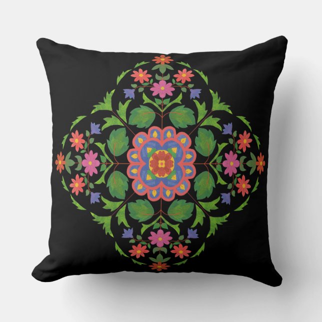 Brightly Coloured Floral Rangoli Pattern on Black Throw Pillow (Front)