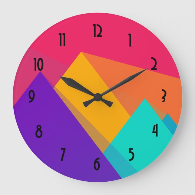 Brightly Coloured Geometric Triangles and Pyramids Large Clock (Front)