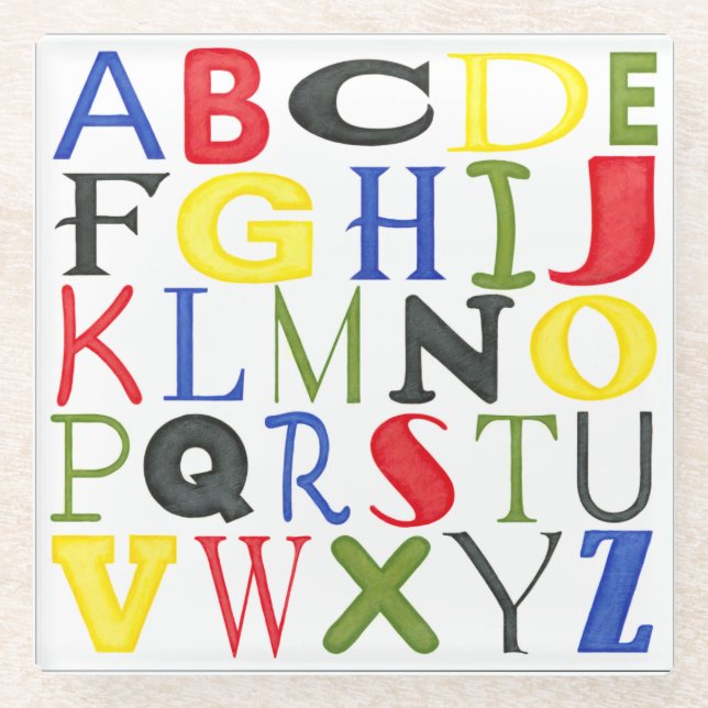 Brightly Coloured Letters by Megan Meagher Glass Coaster (Front)