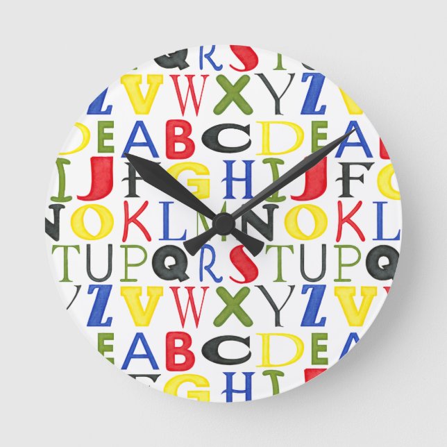 Brightly Coloured Letters by Megan Meagher Round Clock (Front)
