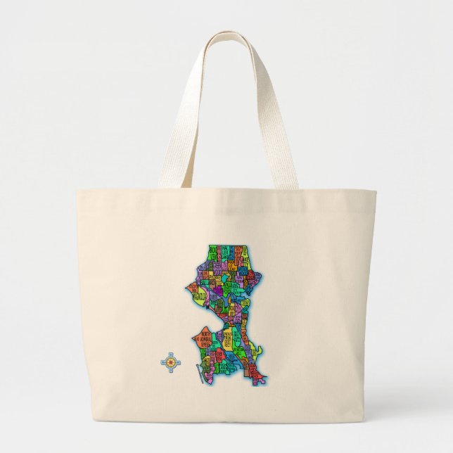 Brightly Coloured Map of Seattle Large Tote Bag (Front)