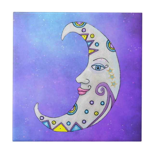 Brightly Coloured Moon Pretty Face Stars Purple Sk Tile (Front)