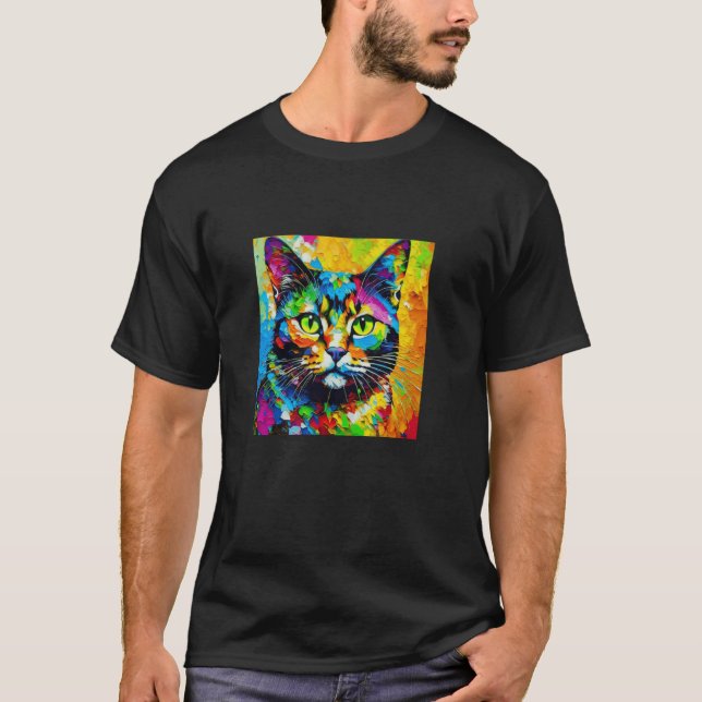 Brightly Coloured Painted Cat T-Shirt (Front)