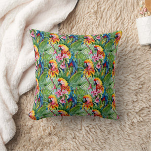 Brightly Coloured Parrots and Tropical Flowers Throw Pillow