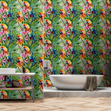 Brightly Coloured Parrots and Tropical Flowers