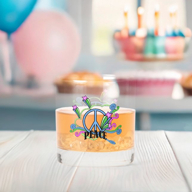 Brightly Coloured Peace Sign Design Stars Scrolls Whiskey Glass (Insitu (Baby Shower))